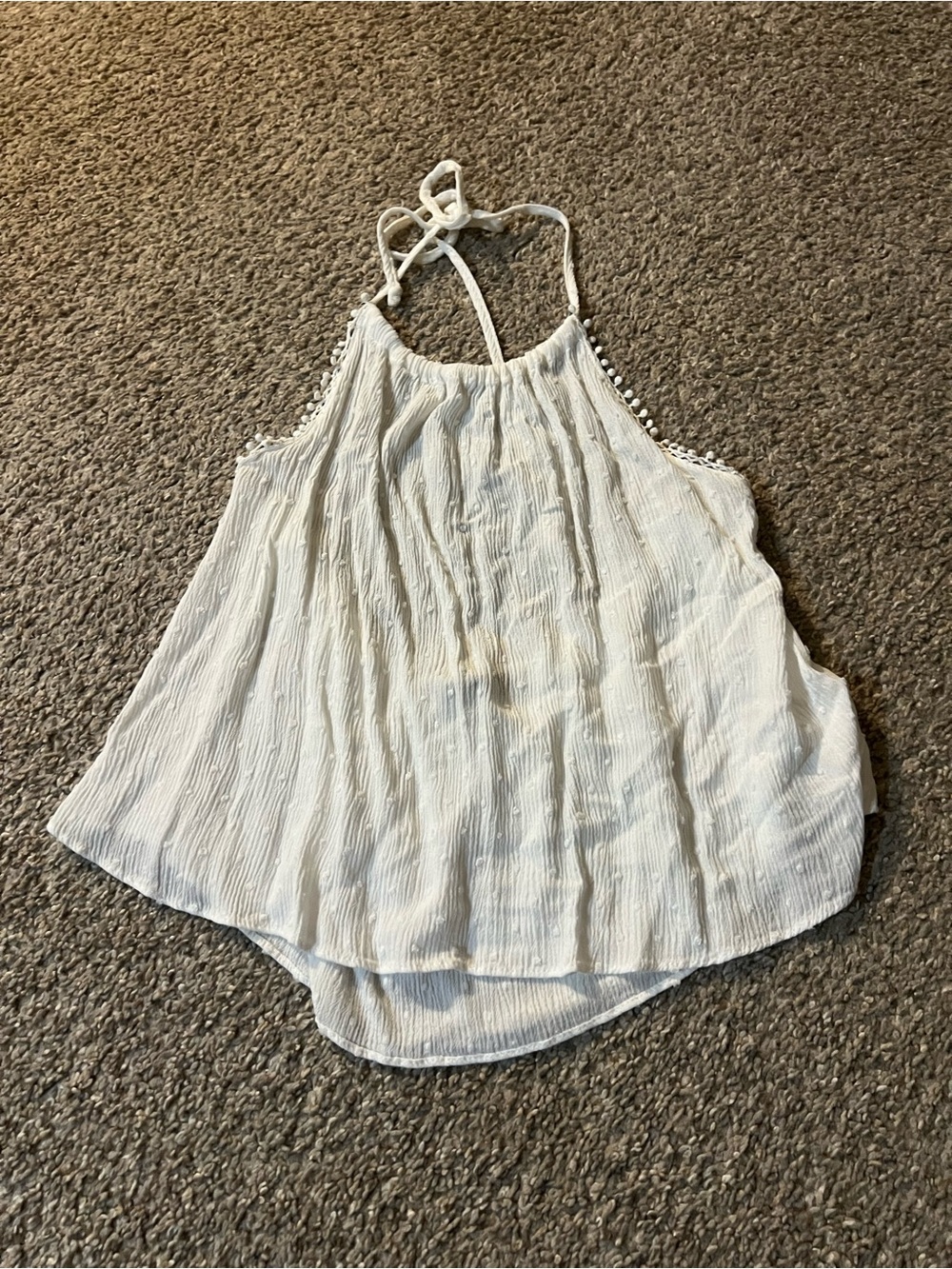 White Crinkle Halter Camisole with Pom Trim